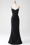 Sparkly Mermaid Spaghetti Straps Black Long Ball Dress with Beading