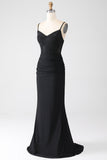Sparkly Mermaid Spaghetti Straps Black Long Ball Dress with Beading