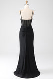 Sparkly Mermaid Spaghetti Straps Black Long Ball Dress with Beading
