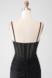 Sparkly Mermaid Spaghetti Straps Black Long Ball Dress with Beading