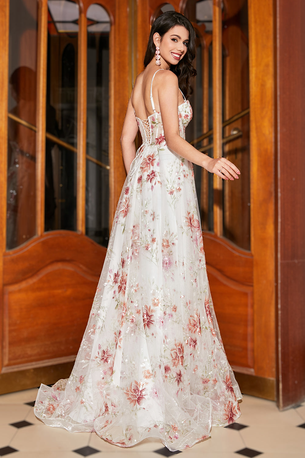 Ivory Floral Corset A-Line Long Embroidered Ball Dress