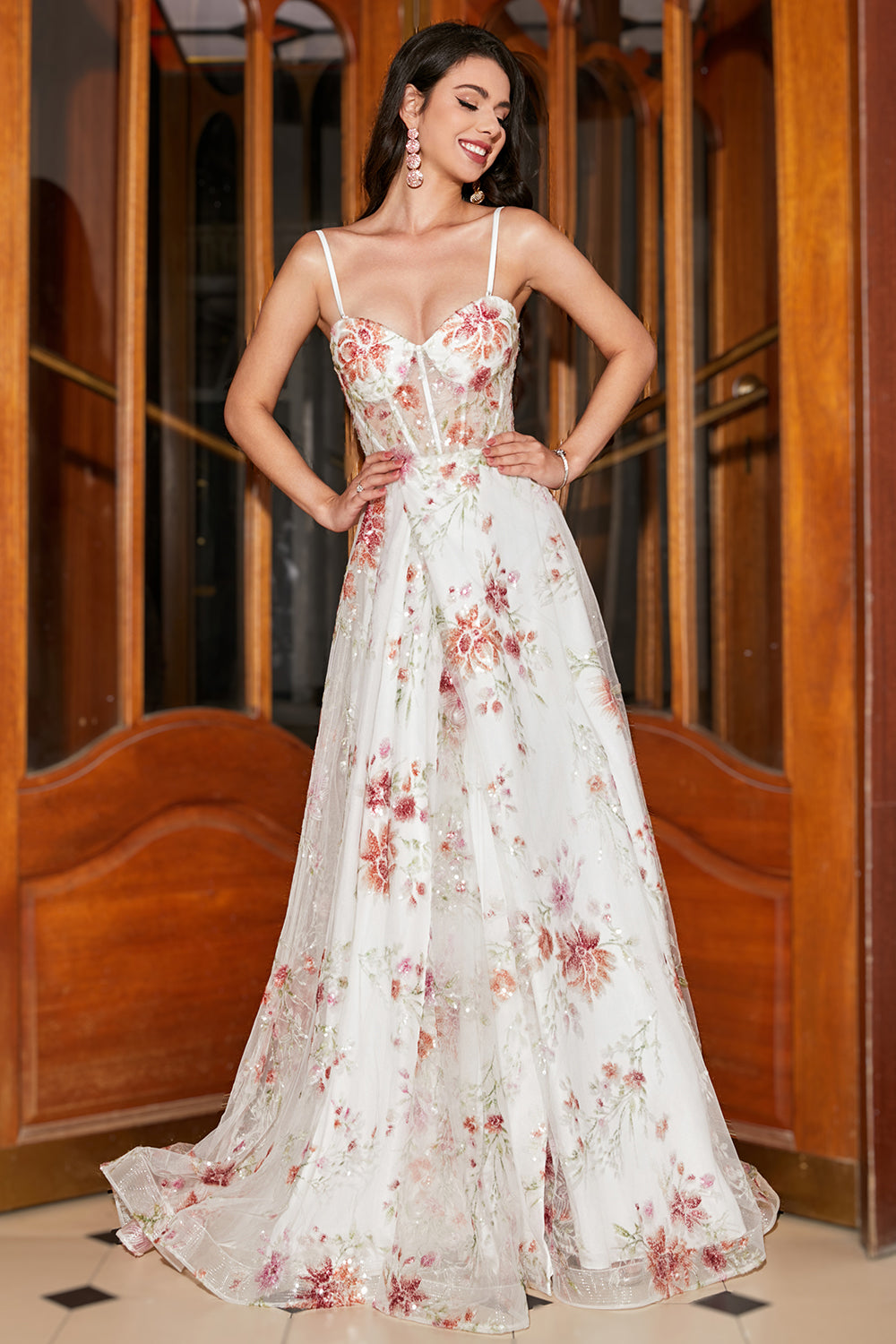 Ivory Floral Corset A-Line Long Embroidered Ball Dress
