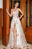 Ivory Floral Corset A-Line Long Embroidered Ball Dress