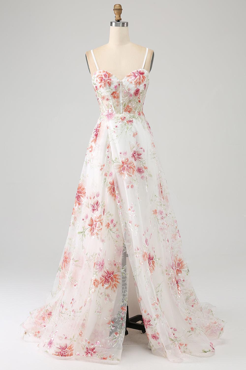 Ivory Floral Corset A-Line Long Embroidered Ball Dress