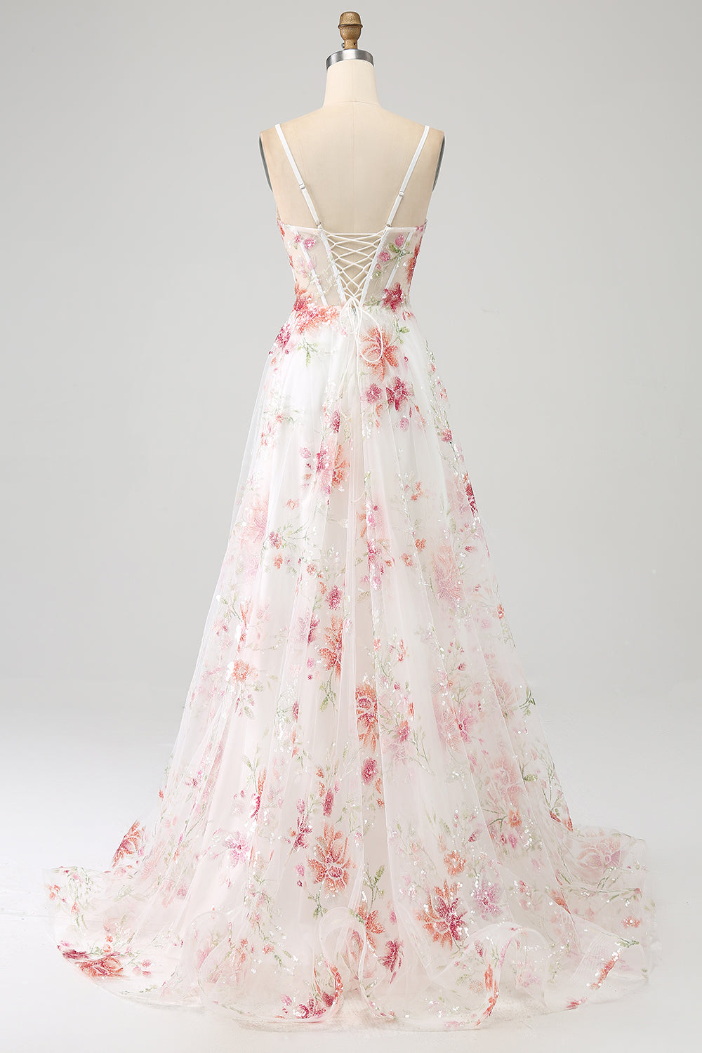 Ivory Floral Corset A-Line Long Embroidered Ball Dress