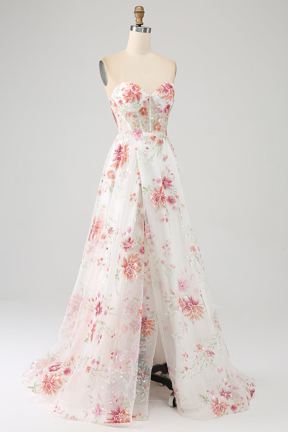 Ivory Flower Spaghetti Straps Embroidered Long Corset Ball Dress with Slit