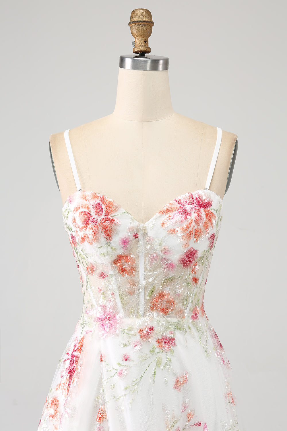 Ivory Flower Spaghetti Straps Embroidered Long Corset Ball Dress with Slit