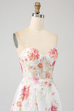 Ivory Flower Spaghetti Straps Embroidered Long Corset Ball Dress with Slit