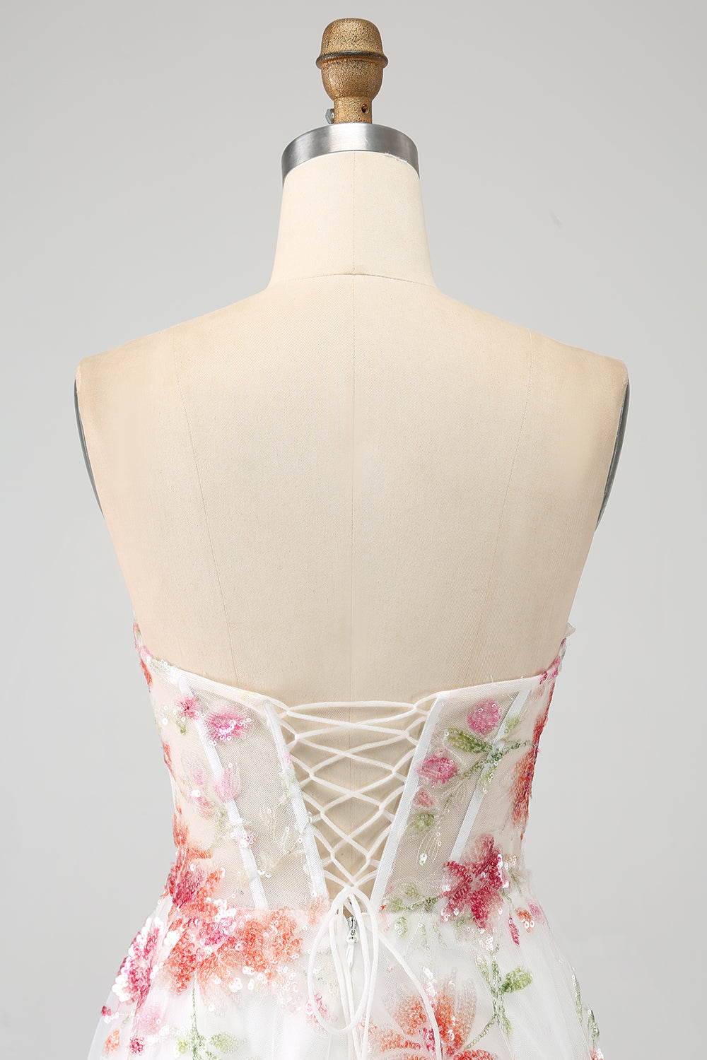 Ivory Flower Spaghetti Straps Embroidered Long Corset Ball Dress with Slit