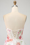 Ivory Flower Spaghetti Straps Embroidered Long Corset Ball Dress with Slit