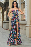 Black Flower Embroidered Mermaid Ball Dress With Side Slit