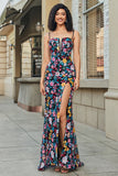 Black Flower Embroidered Mermaid Ball Dress With Side Slit