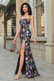 Black Flower Embroidered Mermaid Ball Dress With Side Slit
