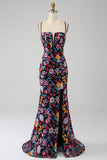 Mermaid Spaghetti Straps Black Flower Embroidered Ball Dress With Side Slit