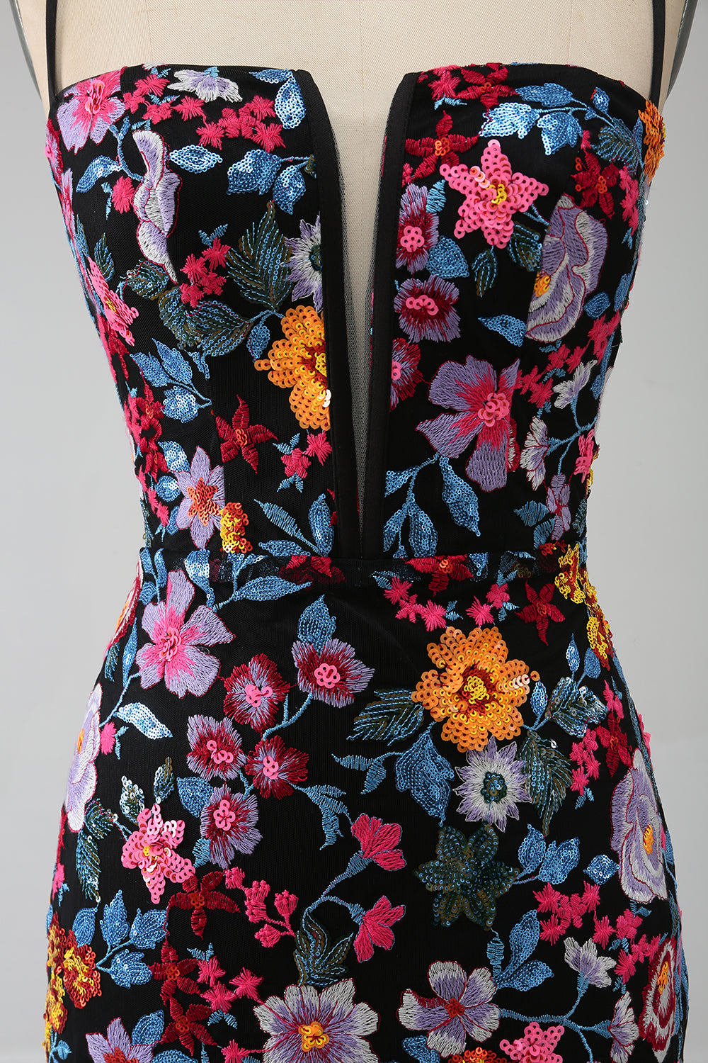 Mermaid Spaghetti Straps Black Flower Embroidered Ball Dress With Side Slit