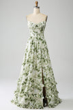 Green A-Line Spaghetti Straps Printed Pleated Long Ball Dress With Slit