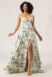 A-Line Spaghetti Straps Green Printed Long Ball Dress With Slit