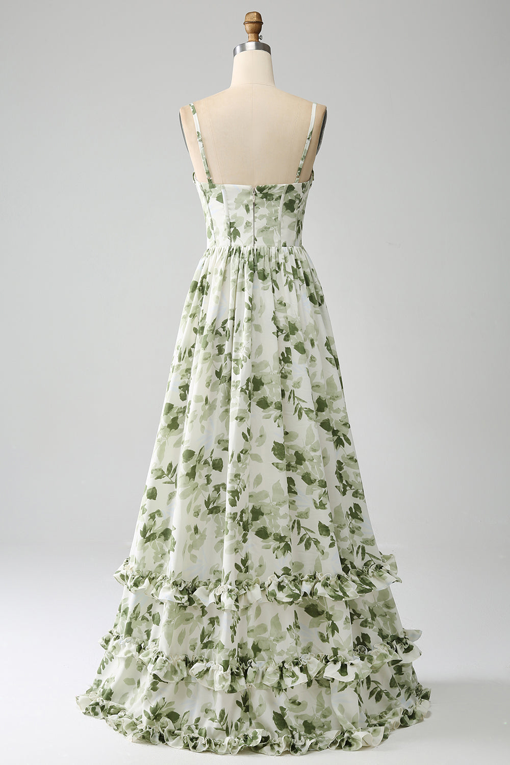 Green A-Line Spaghetti Straps Printed Pleated Long Ball Dress With Slit