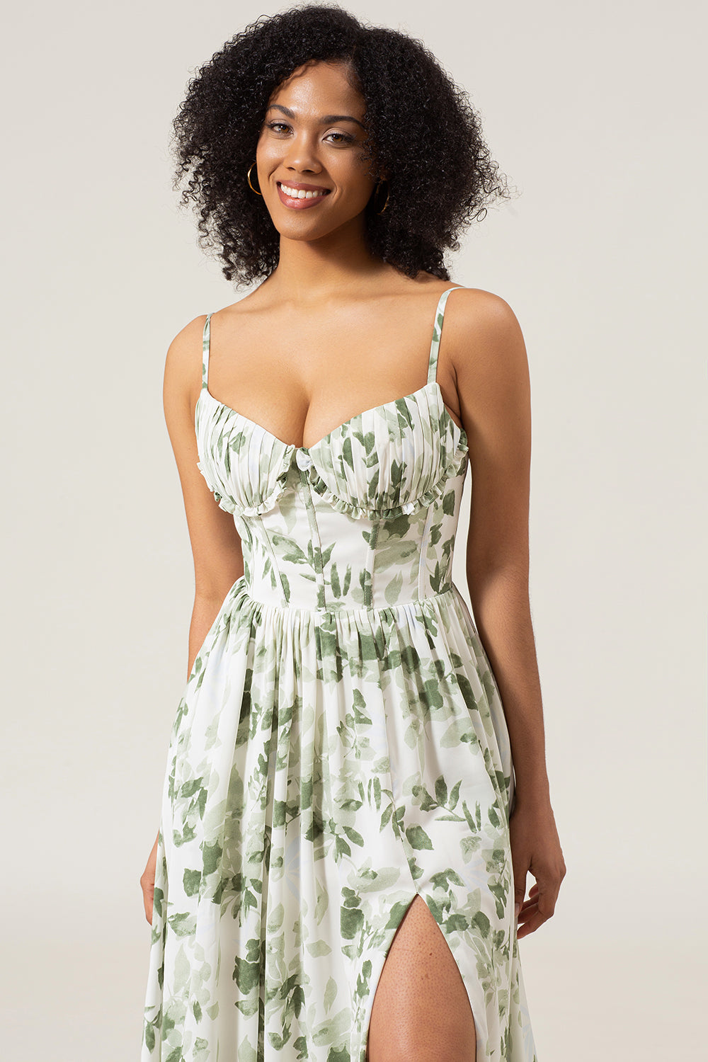 A-Line Spaghetti Straps Green Printed Long Ball Dress With Slit
