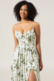 A-Line Spaghetti Straps Green Printed Long Ball Dress With Slit
