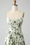 Green A-Line Spaghetti Straps Printed Pleated Long Ball Dress With Slit