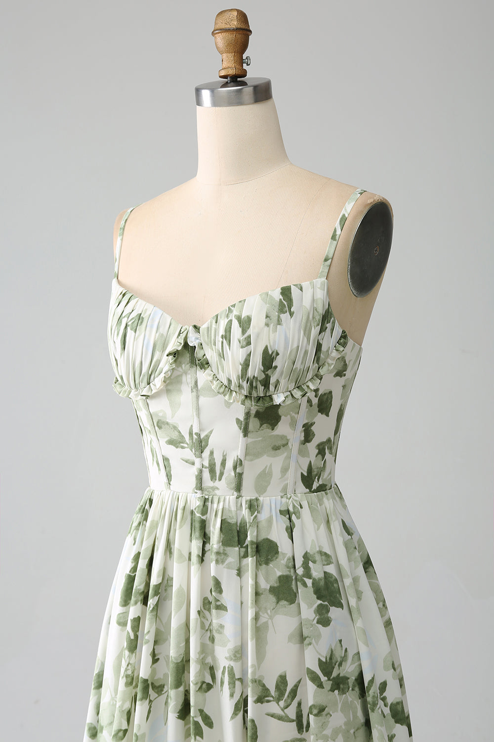 Green A-Line Spaghetti Straps Printed Pleated Long Ball Dress With Slit