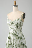 Green A-Line Spaghetti Straps Printed Pleated Long Ball Dress With Slit