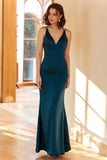 Sheath V Neck Peacock Blue Long Bridesmaid Dress with Criss Cross Back