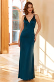 Sheath V Neck Peacock Blue Long Bridesmaid Dress with Criss Cross Back