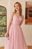 Glitter Pink Lace-Up Ruched Long Ball Dress