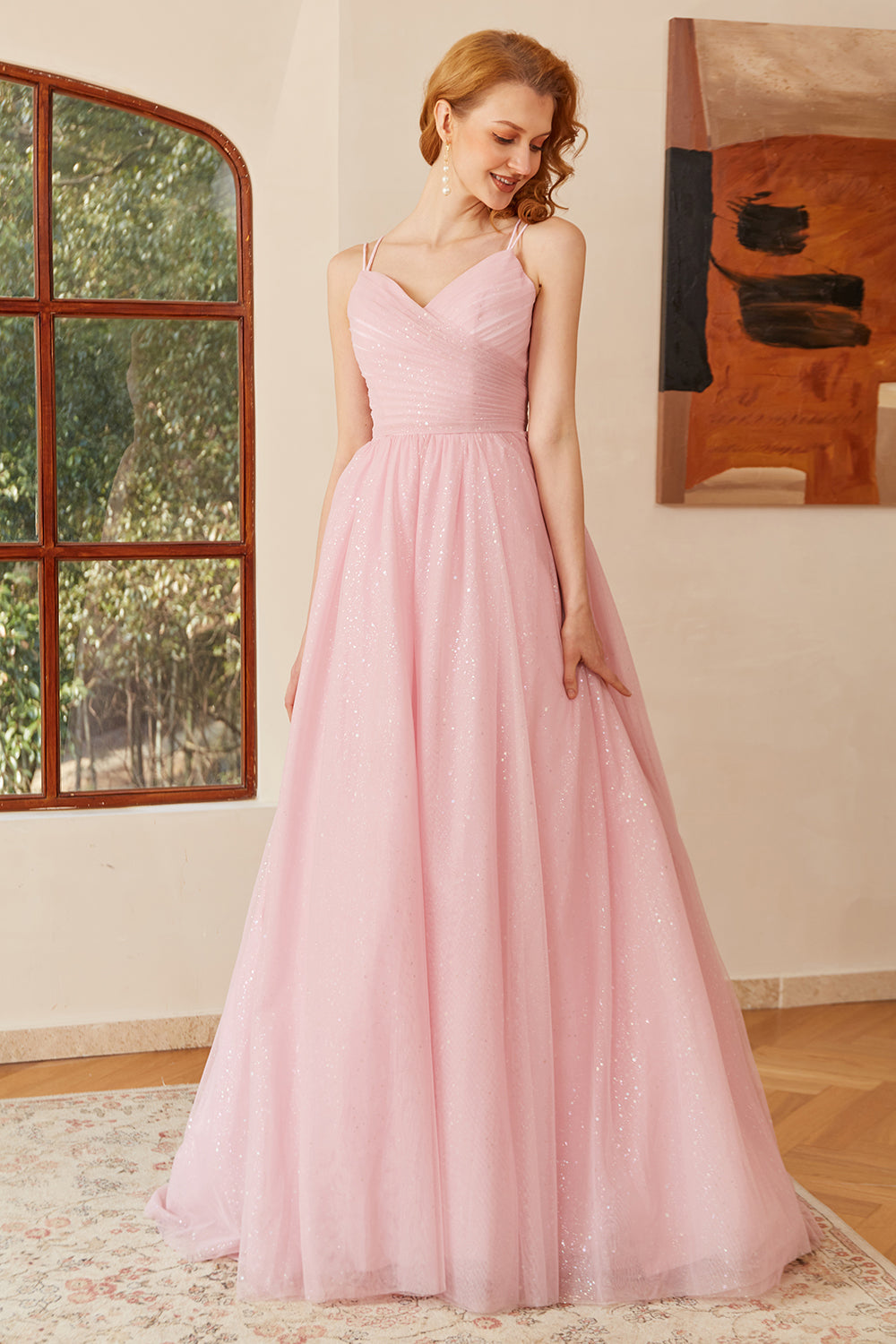 Glitter Pink Lace-Up Ruched Long Ball Dress