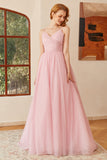 Glitter Pink Lace-Up Ruched Long Ball Dress