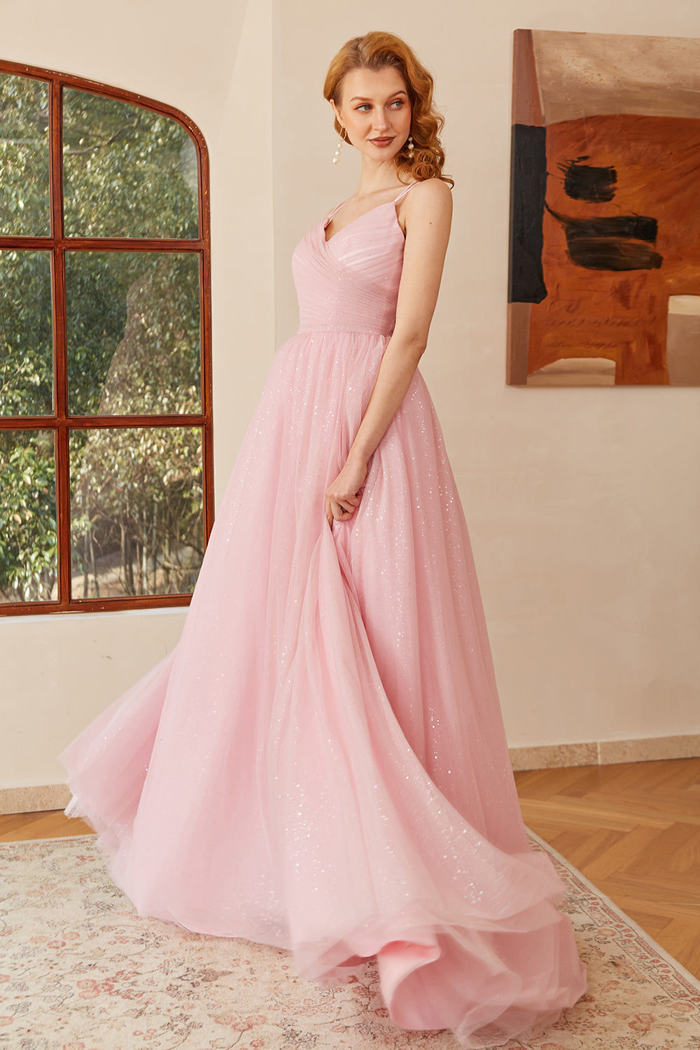 Glitter Pink Lace-Up Ruched Long Ball Dress