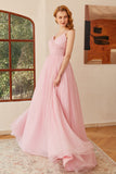 Glitter Pink Lace-Up Ruched Long Ball Dress