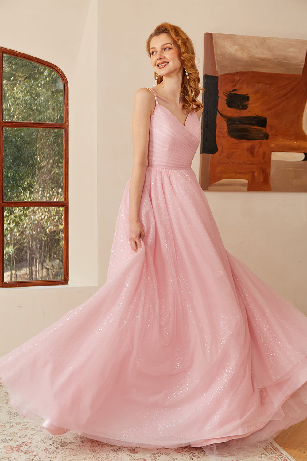 Glitter Pink Lace-Up Ruched Long Ball Dress