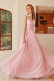 Glitter Pink Lace-Up Ruched Long Ball Dress