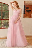Glitter Pink Lace-Up Ruched Long Ball Dress