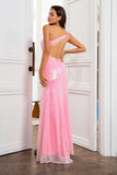 Sheath One Shoulder Pink Sequins Long Ball Dress with Split Front