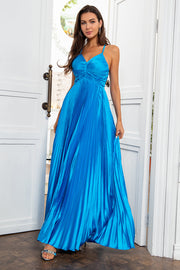V-Neck Lake Blue Ruched Pleated Long Ball Dress