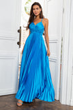 V-Neck Lake Blue Ruched Pleated Long Ball Dress