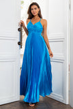 V-Neck Lake Blue Ruched Pleated Long Ball Dress