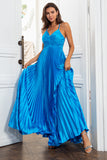 V-Neck Lake Blue Ruched Pleated Long Ball Dress