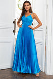 V-Neck Lake Blue Ruched Pleated Long Ball Dress