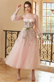 A Line Jewel Light Nude Tea Length Ball Dress with Long Sleeves
