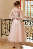 A Line Jewel Light Nude Tea Length Ball Dress with Long Sleeves