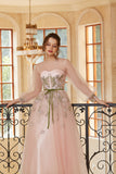 A Line Jewel Light Nude Tea Length Ball Dress with Long Sleeves