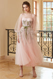 A Line Jewel Light Nude Tea Length Ball Dress with Long Sleeves