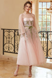 A Line Jewel Light Nude Tea Length Ball Dress with Long Sleeves