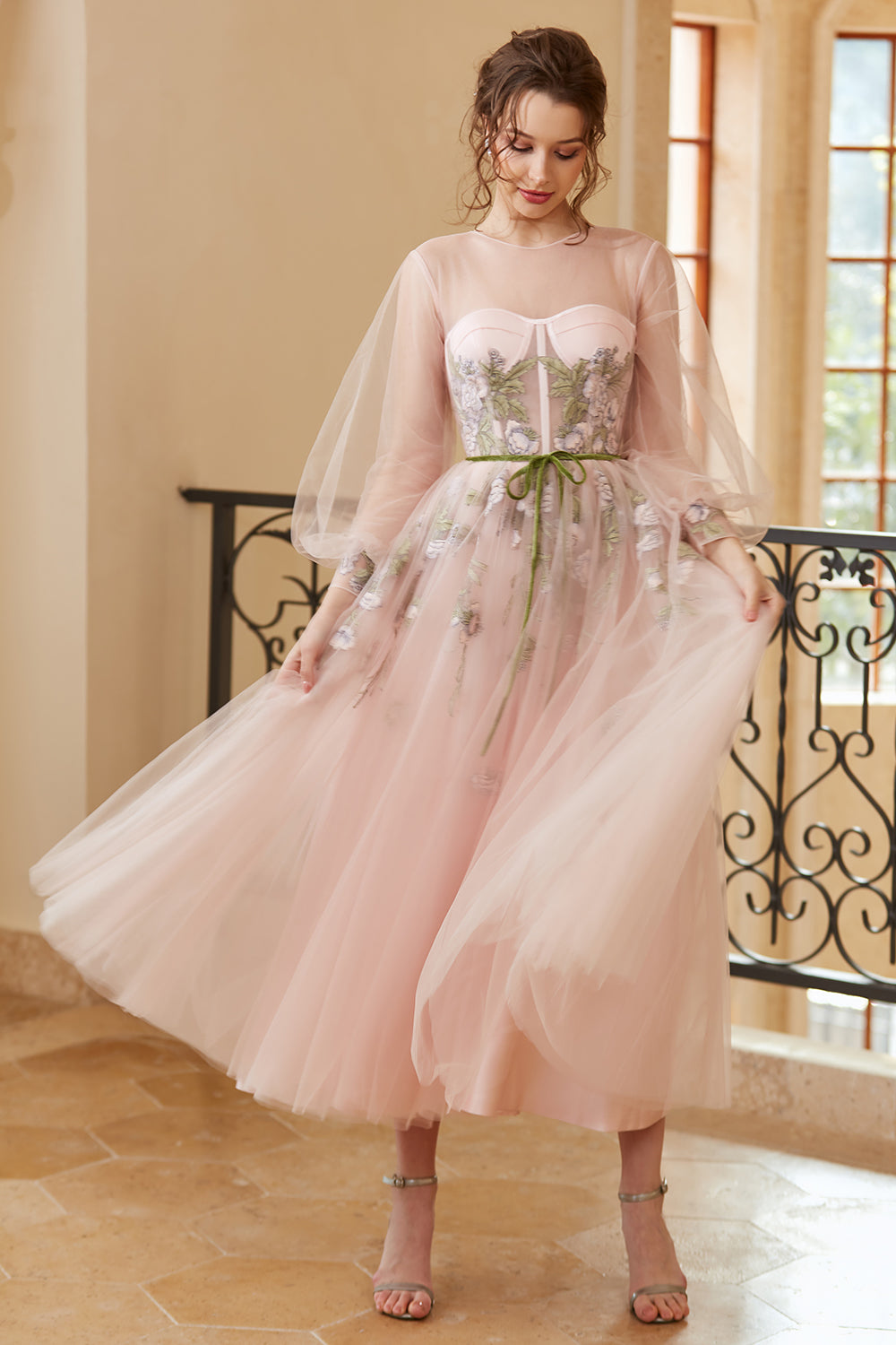 A Line Jewel Light Nude Tea Length Ball Dress with Long Sleeves
