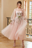 A Line Jewel Light Nude Tea Length Ball Dress with Long Sleeves
